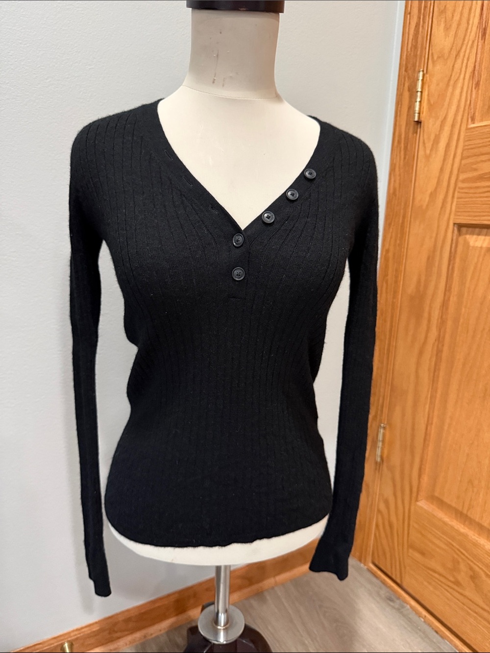 Banana Republic Black Ribbed V-Neck Sweater with Angled Button Detail